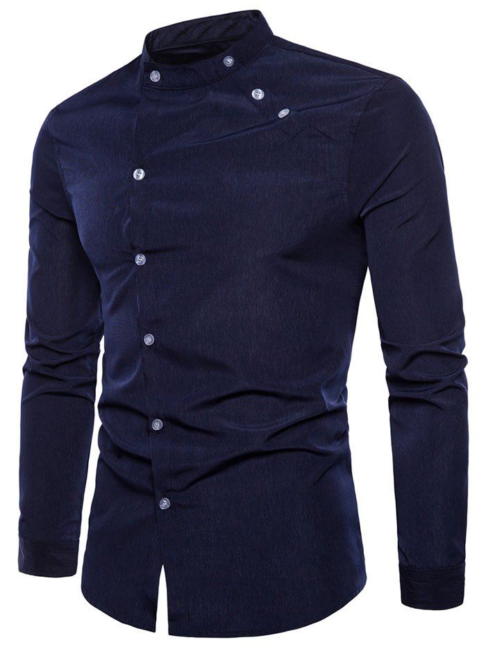 

Long Sleeve Stand Collar Oblique Button Design Shirt, Navy blue