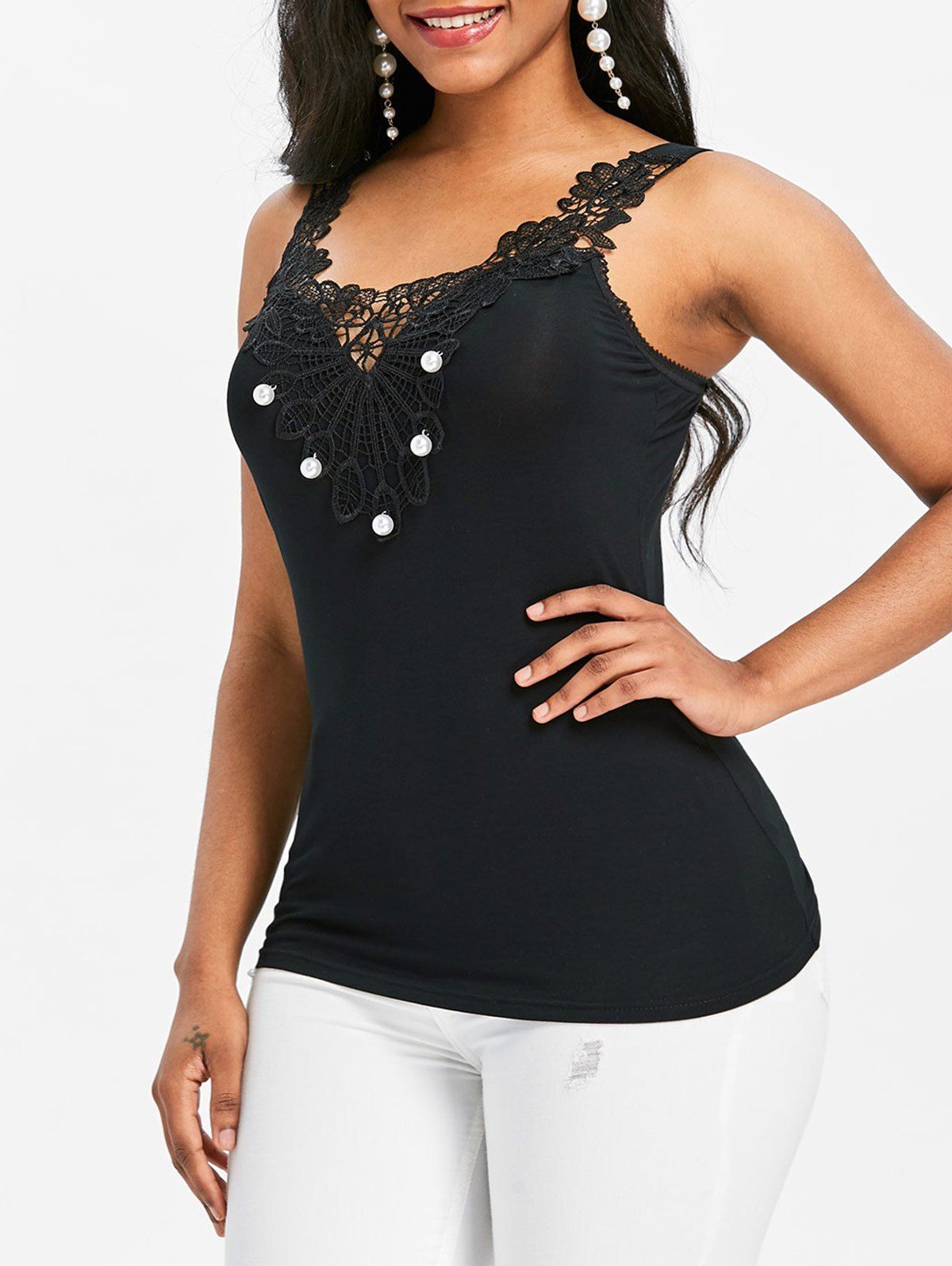 

Flower Lace Embellished Pearled Tank Top, Black