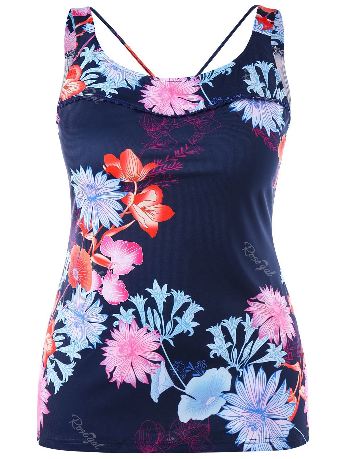 

Plus Size U Back Floral Tank Top, Navy blue