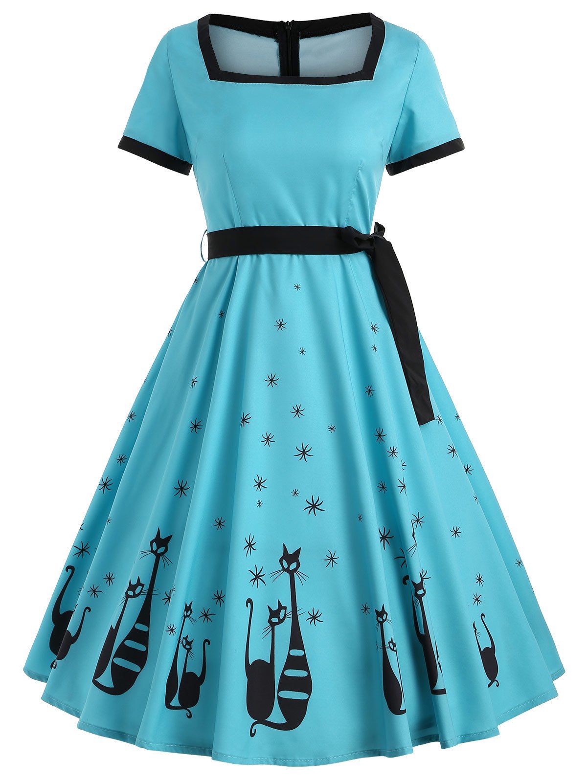 

Vintage Cat Print Swing Dress, Blue