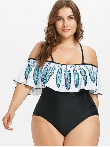 Plus Size Feather Print Flounce Swimsuit Plus Size Feather Print Flounce Swimsuit