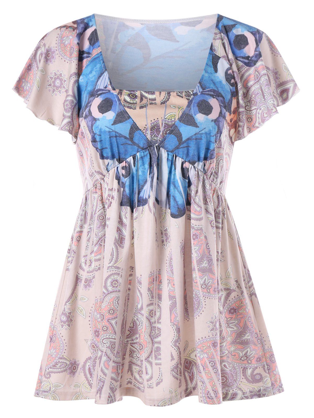 

Falre Sleeve Butterfly Print T-shirt, Colormix