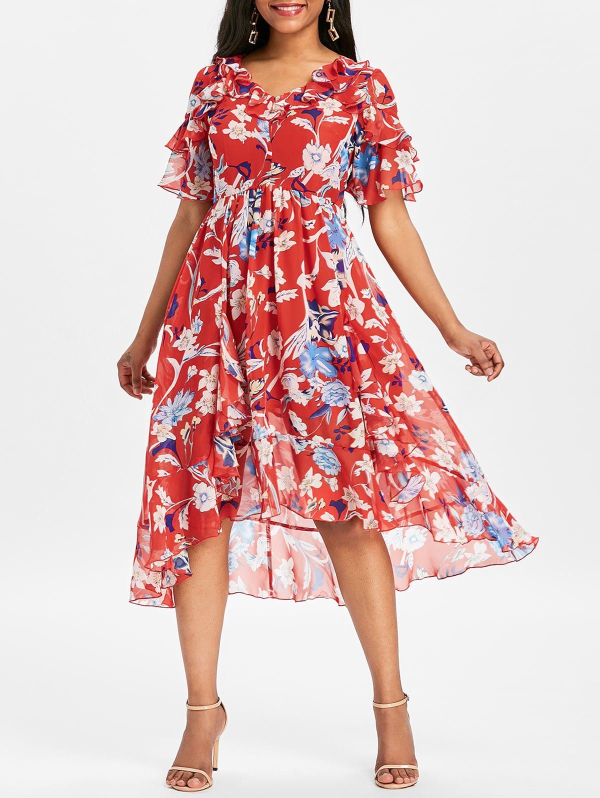

Ruffle High Waisted Chiffon Dress, Red