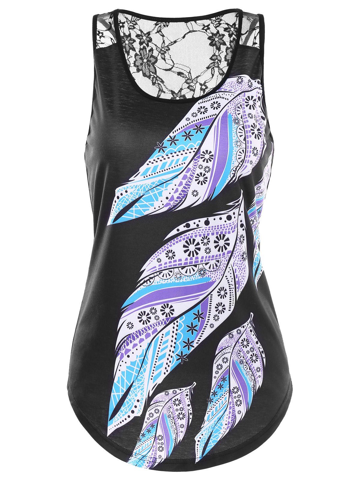 

Feather Print Lace Insert Tank Top, Colormix