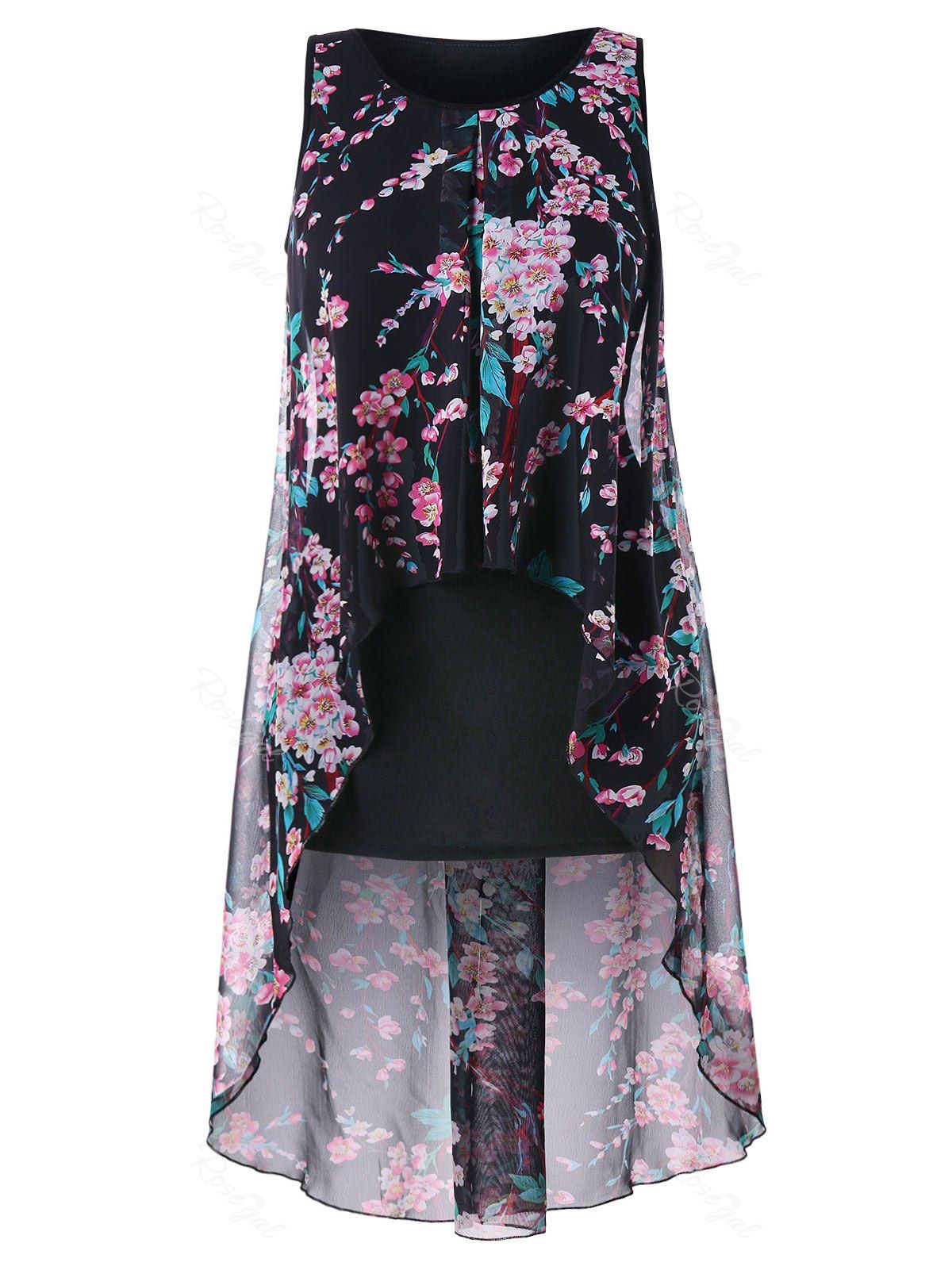 

Plus Size Floral Overlay High Low Top, Black