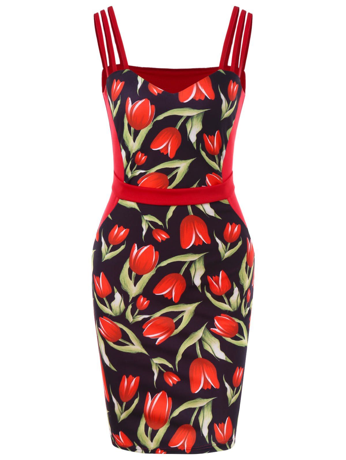 

Rose Print Strappy Vintage Bodycon Dress, Red