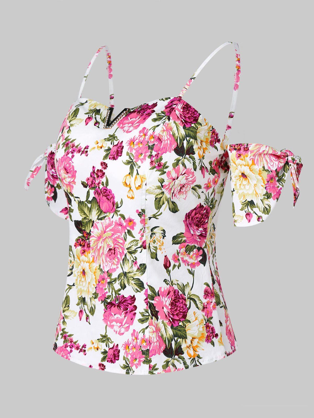 

Floral Tie Up Cold Shoulder Crop Top, Multi