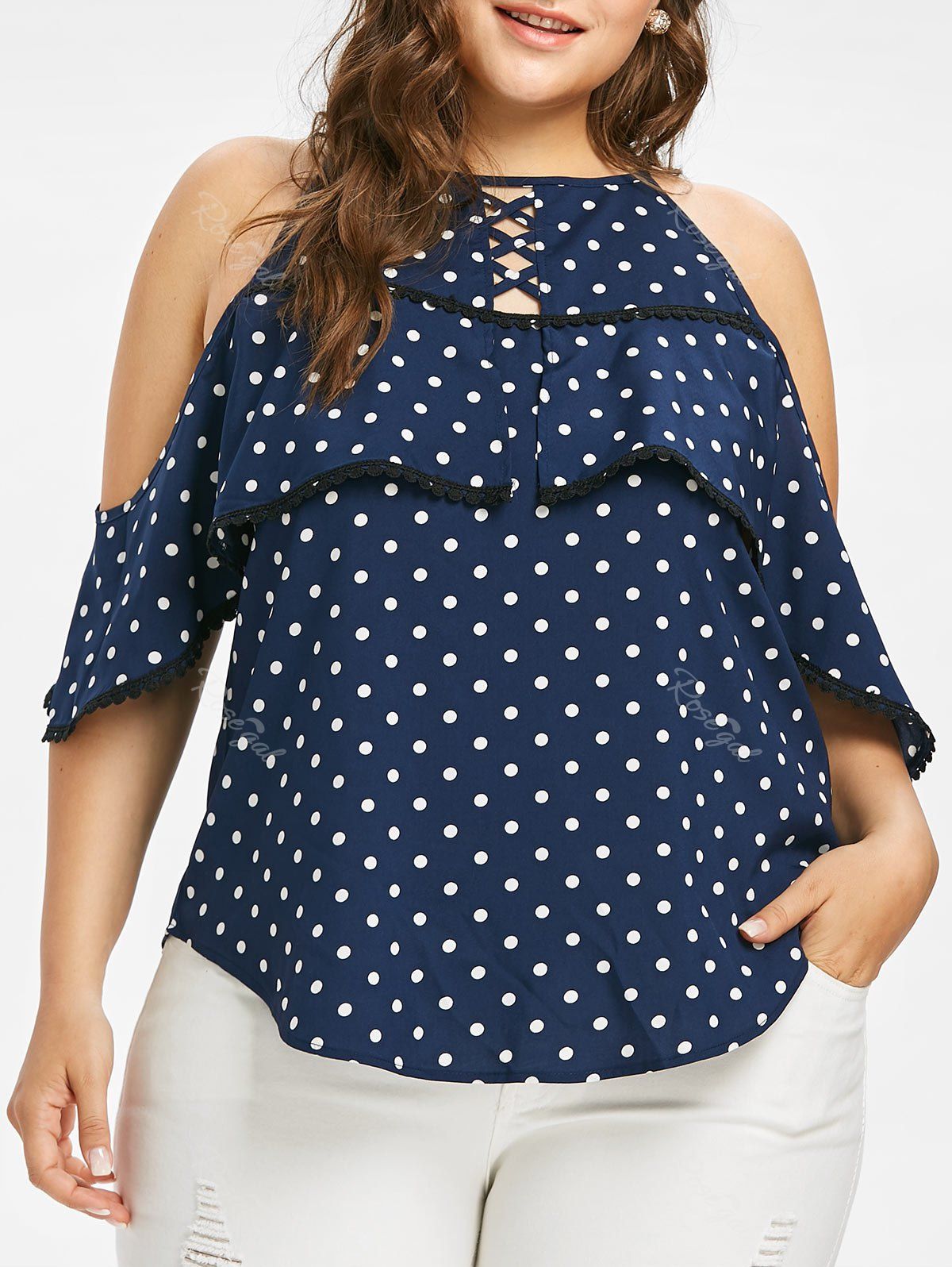 

Plus Size Flounce Open Shoulder Polka Dot Top, Deep blue