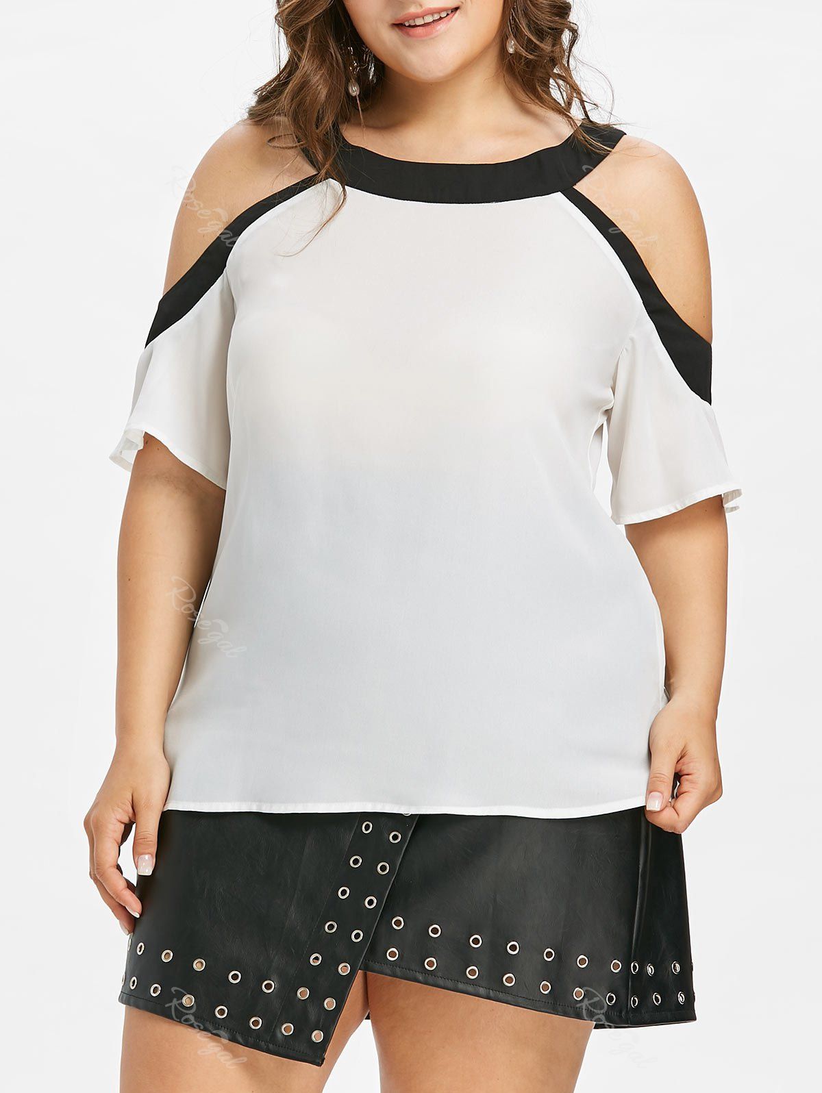 

Plus Size Cold Shoulder Contrast Trim Blouse, White