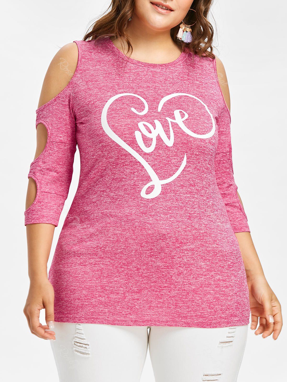 

Plus Size Love Cut Out Sleeve T-shirt, Deep pink