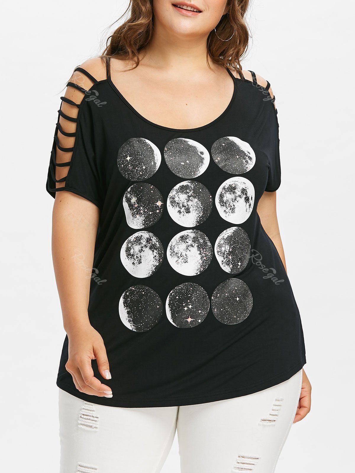 

Plus Size Ladder Cut Moon Phase T-shirt, Black