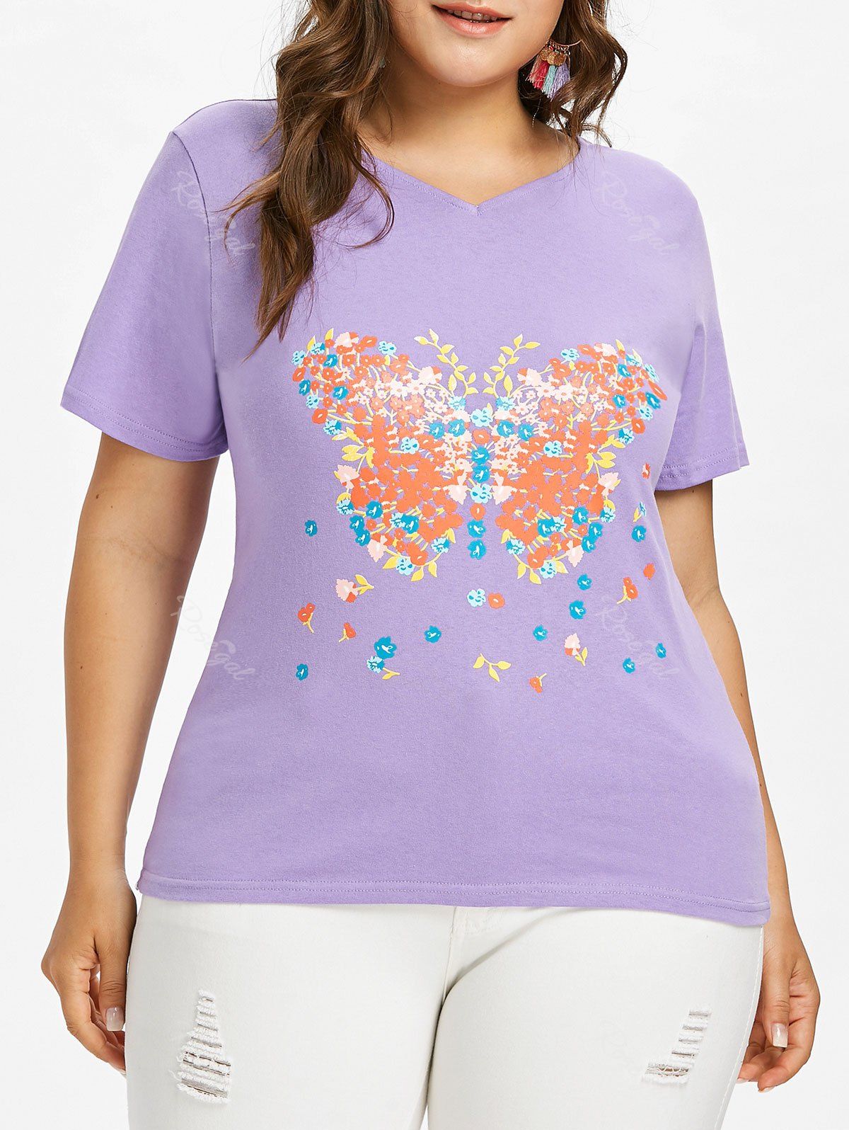 

Short Sleeve Plus Size Butterfly Print T-shirt, Violet
