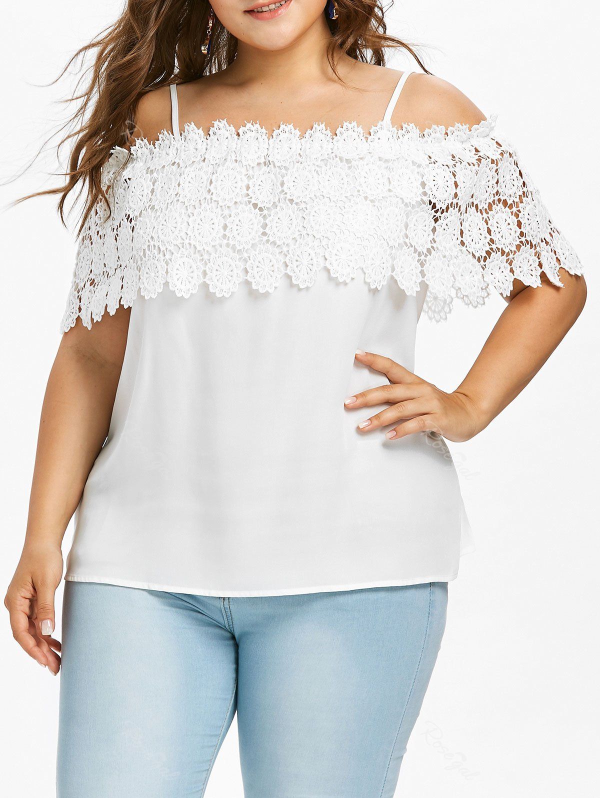 

Plus Size Lace Crochet Flounce Blouse, White