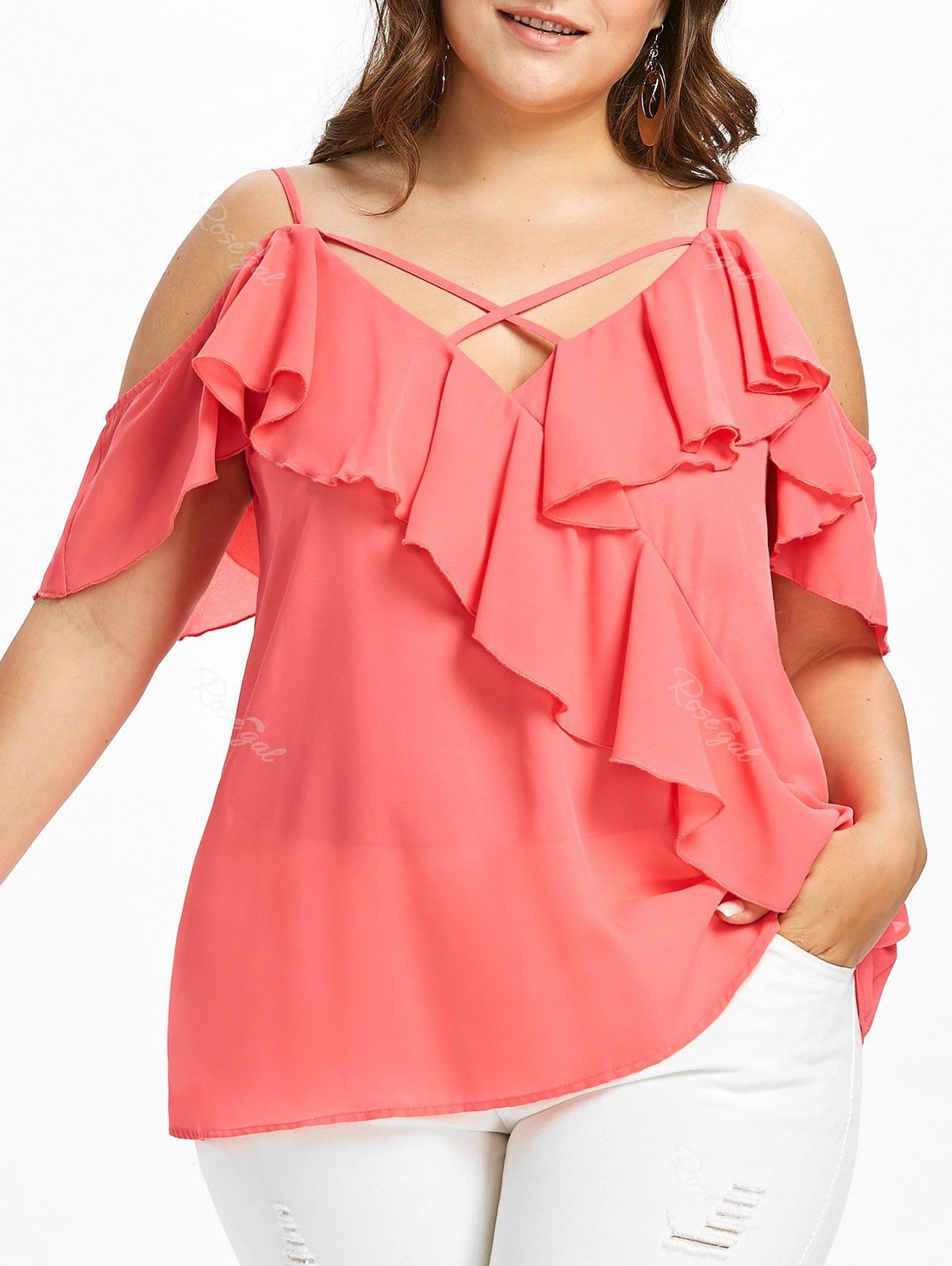 

Plus Size Open Shoulder Ruffle Blouse, Watermelon pink