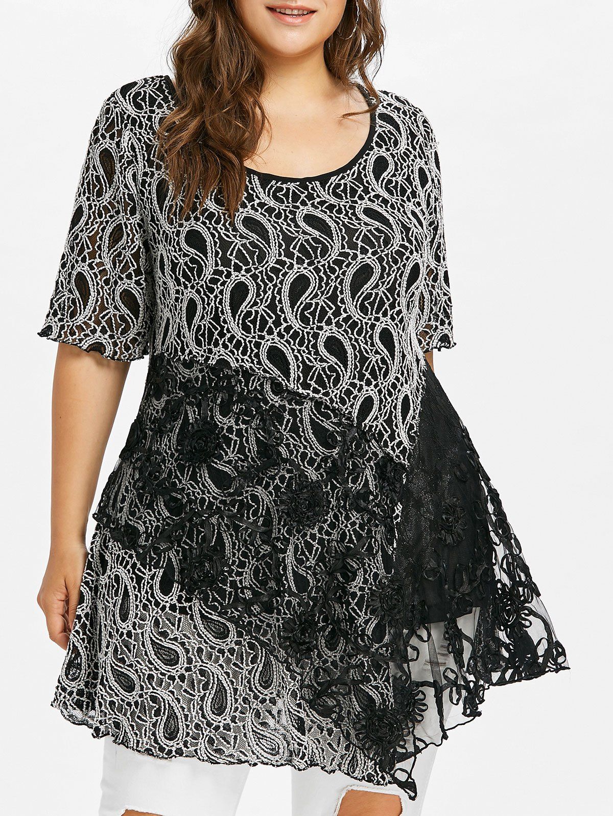 

Plus Size Lace Trim Paisley T-shirt, Black