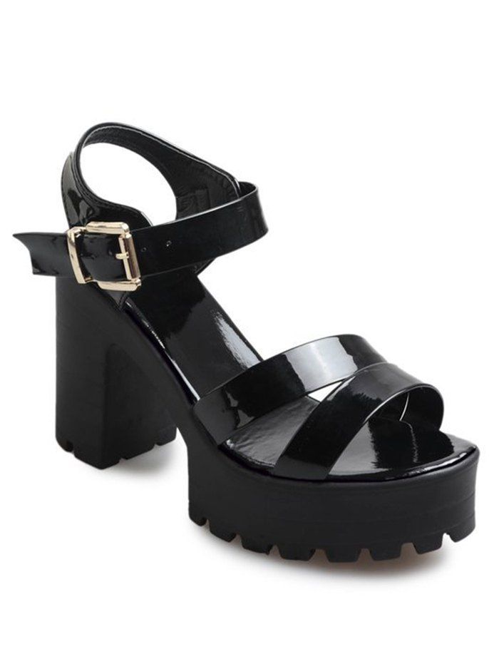 

Casual Block Heel Platform Ankle Strap Sandals, Black