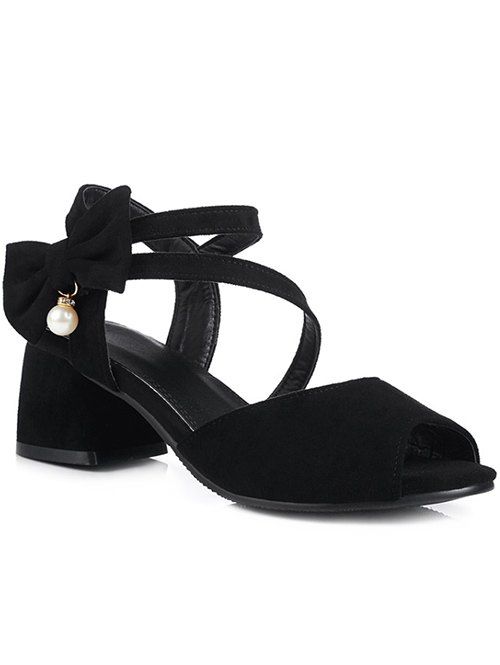 

Block Heel Bowknot Peep Toe Sandals, Black