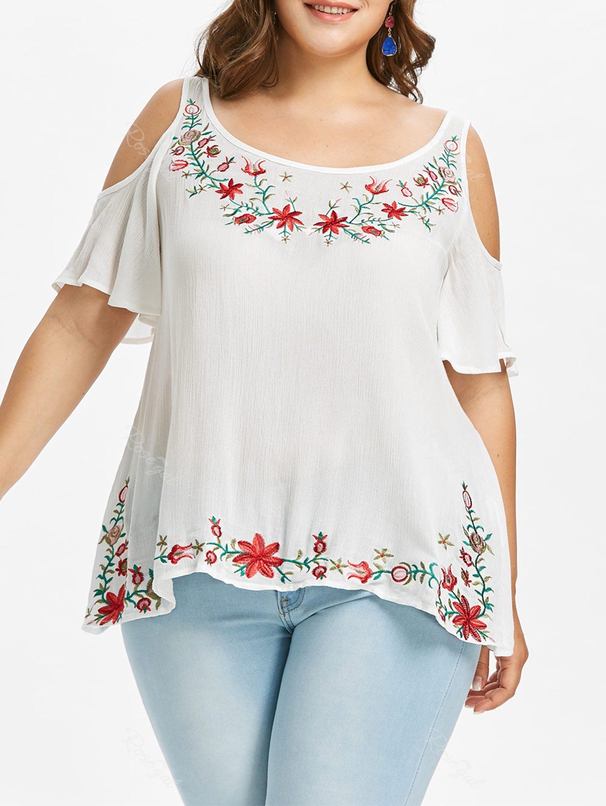 

Plus Size Embroidered Cold Shoulder Blouse, White