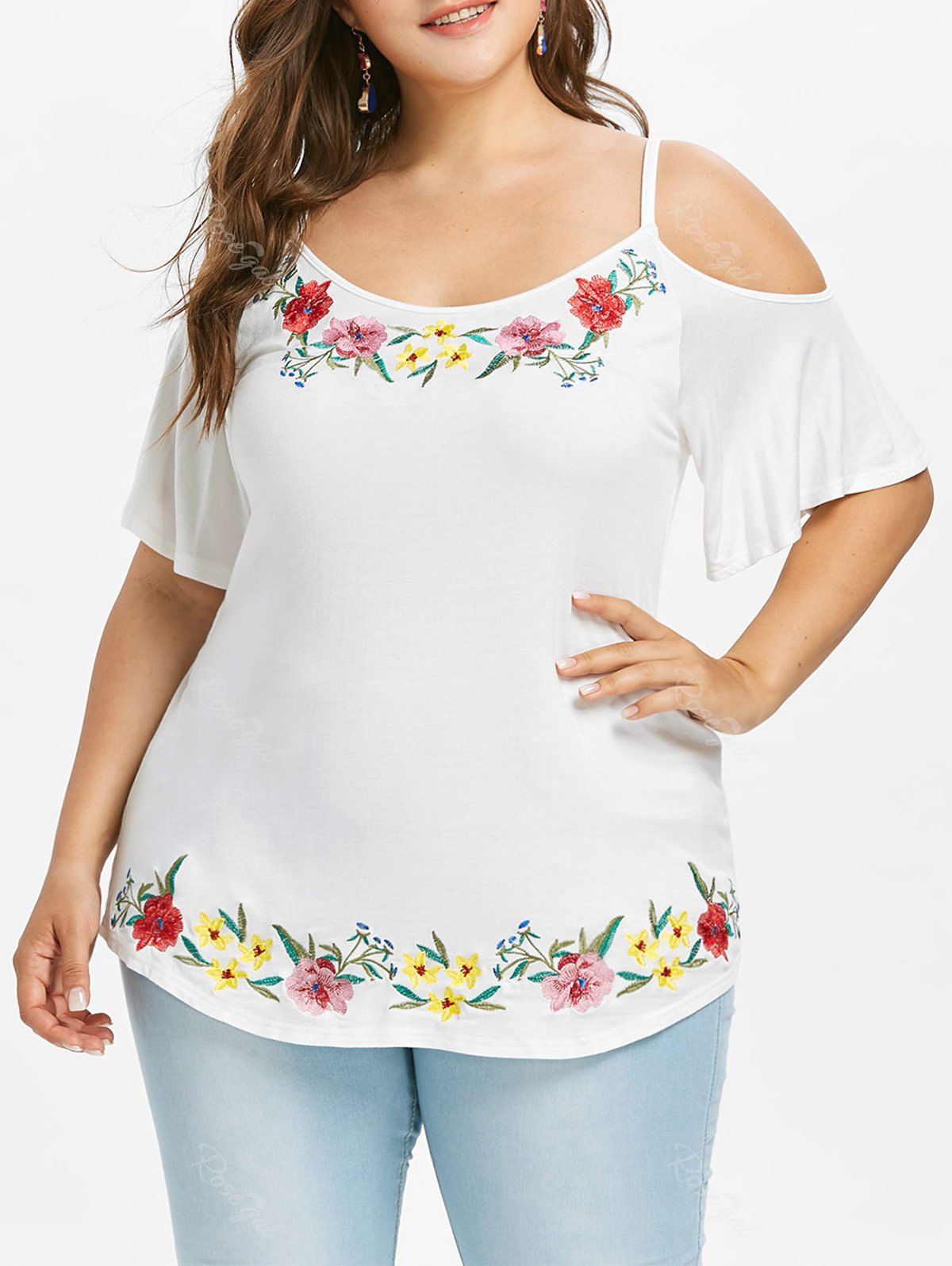 

Plus Size Embroidery Cold Shoulder Blouse, White