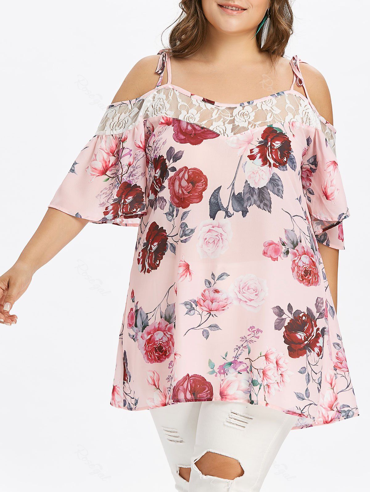 

Cold Shoulder Plus Size Floral Print Blouse, Light pink