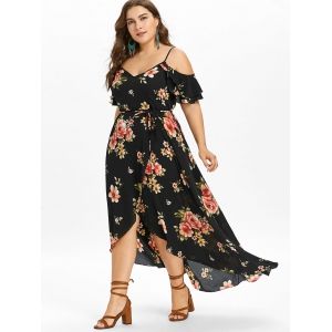 Black 5x Plus Size Hawaiian Cold Shoulder Maxi Dress | RoseGal.com