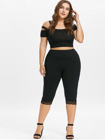 

Plus Size Lace Trim Knee Length Leggings, Black