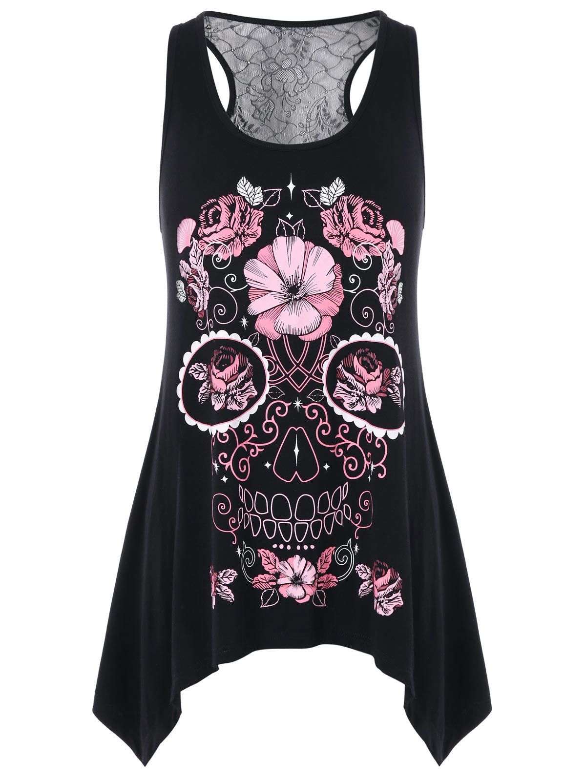 

Flower Skull Print Lace Panel Tank Top, Black