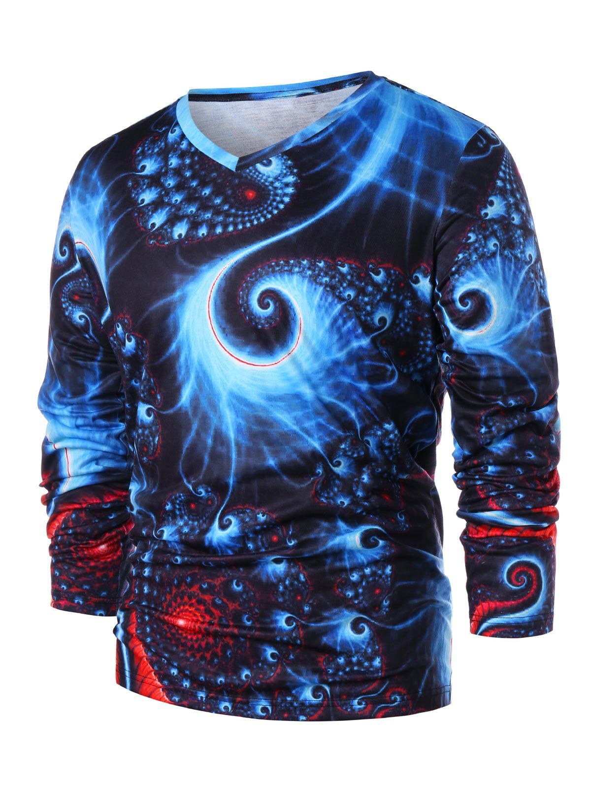 

3D Abstract Fractal Spiral Print Long Sleeve T-shirt, Earth blue