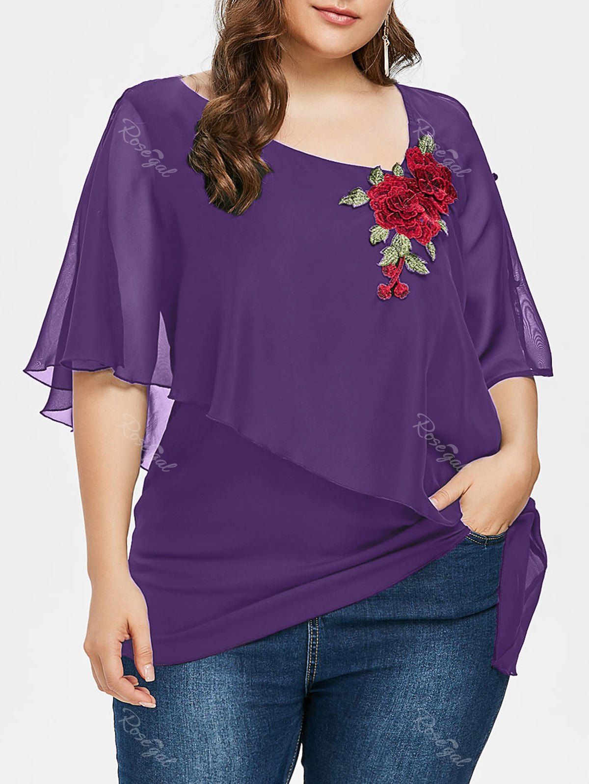 

Plus Size Skew Overlay Floral Appliqued T-shirt, Purple