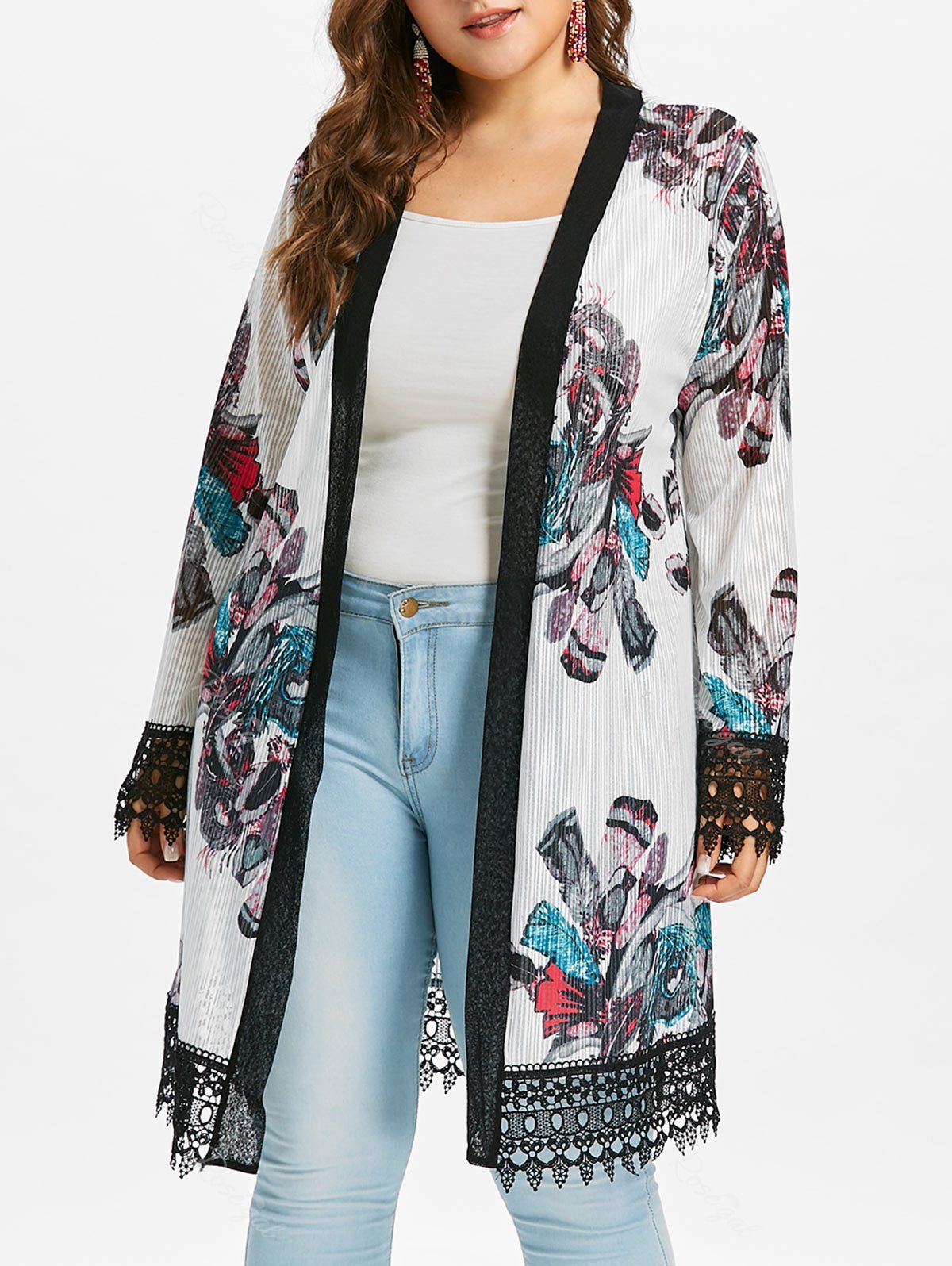 

Plus Size Lace Crochet Print Coat, White