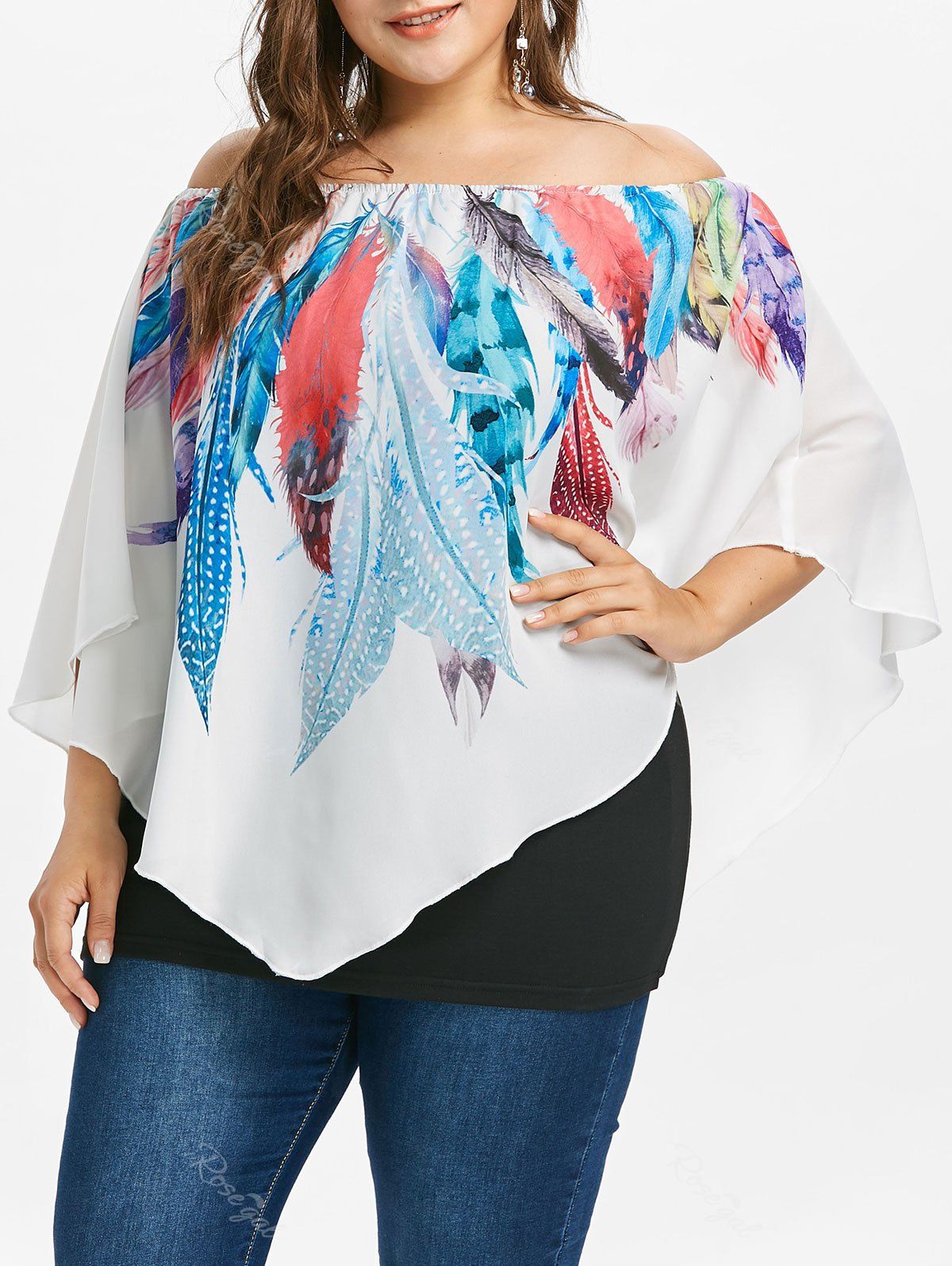 

Plus Size Off Shoulder Feather Overlay Top, White