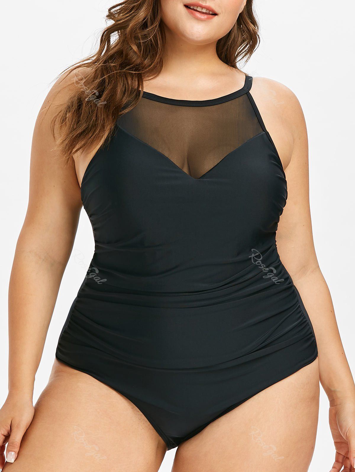 

Plus Size Mesh Insert Ruched Swimsuit, Black