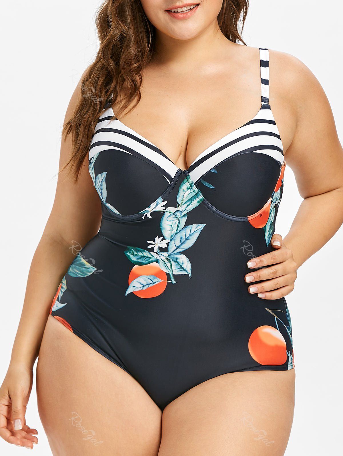 

Plus Size One Piece Fruit Print Bustier Swimwear, Black