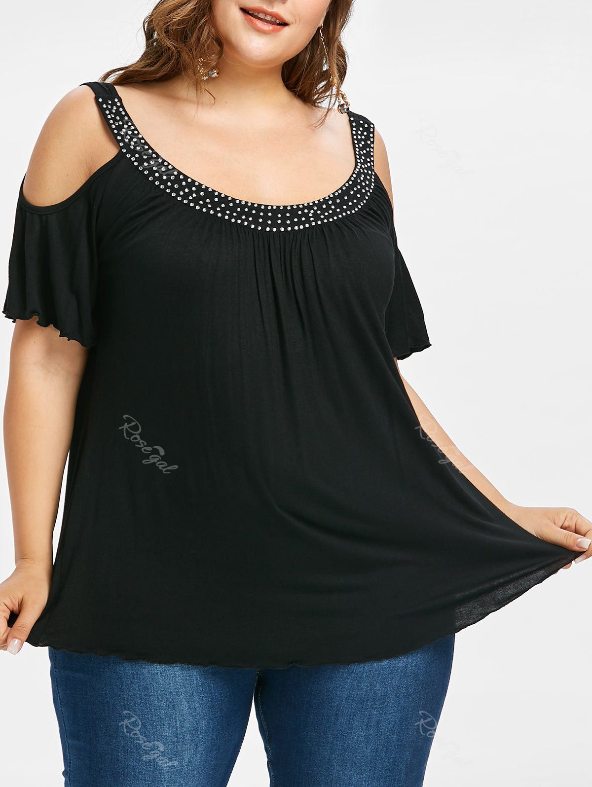 

Plus Size Open Shoulder Beaded Detail Top, Black