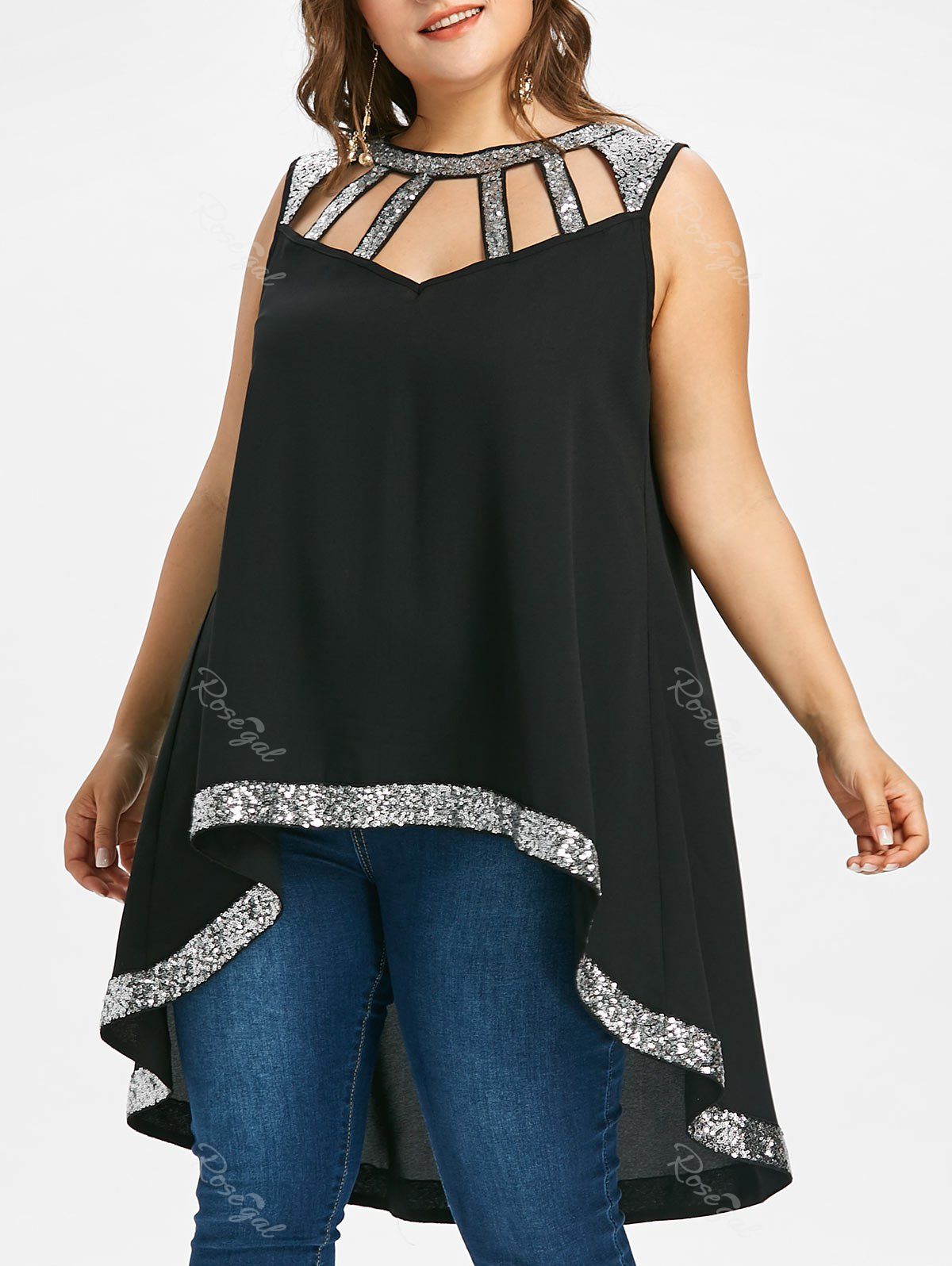 

Sequin Insert Plus Size High Low Top, Black