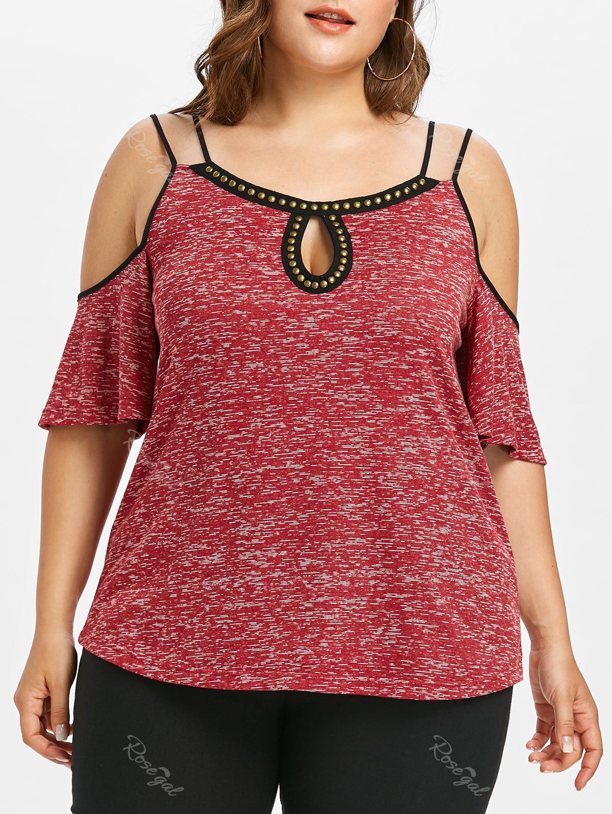 

Plus Size Double Strap Cold Shoulder T-shirt, Red