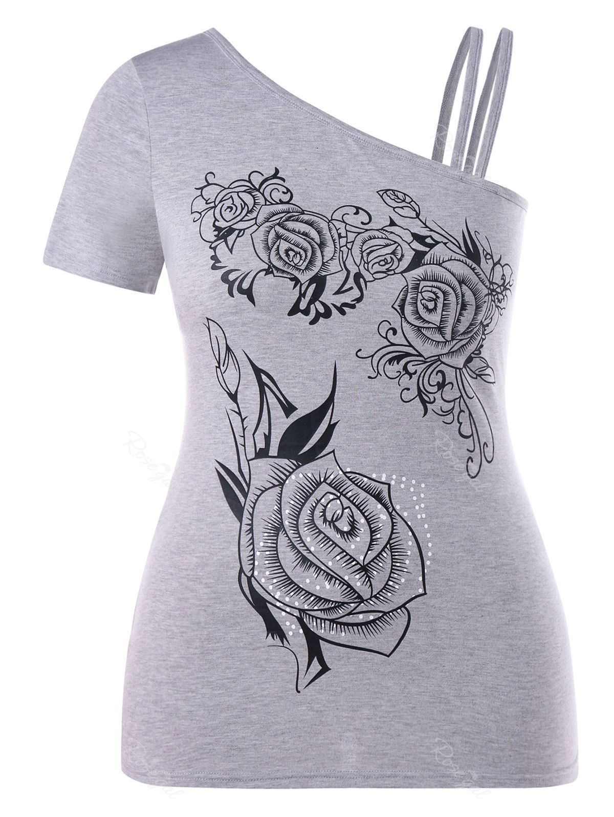 

Plus Size Floral Skew Collar T-shirt, Light gray