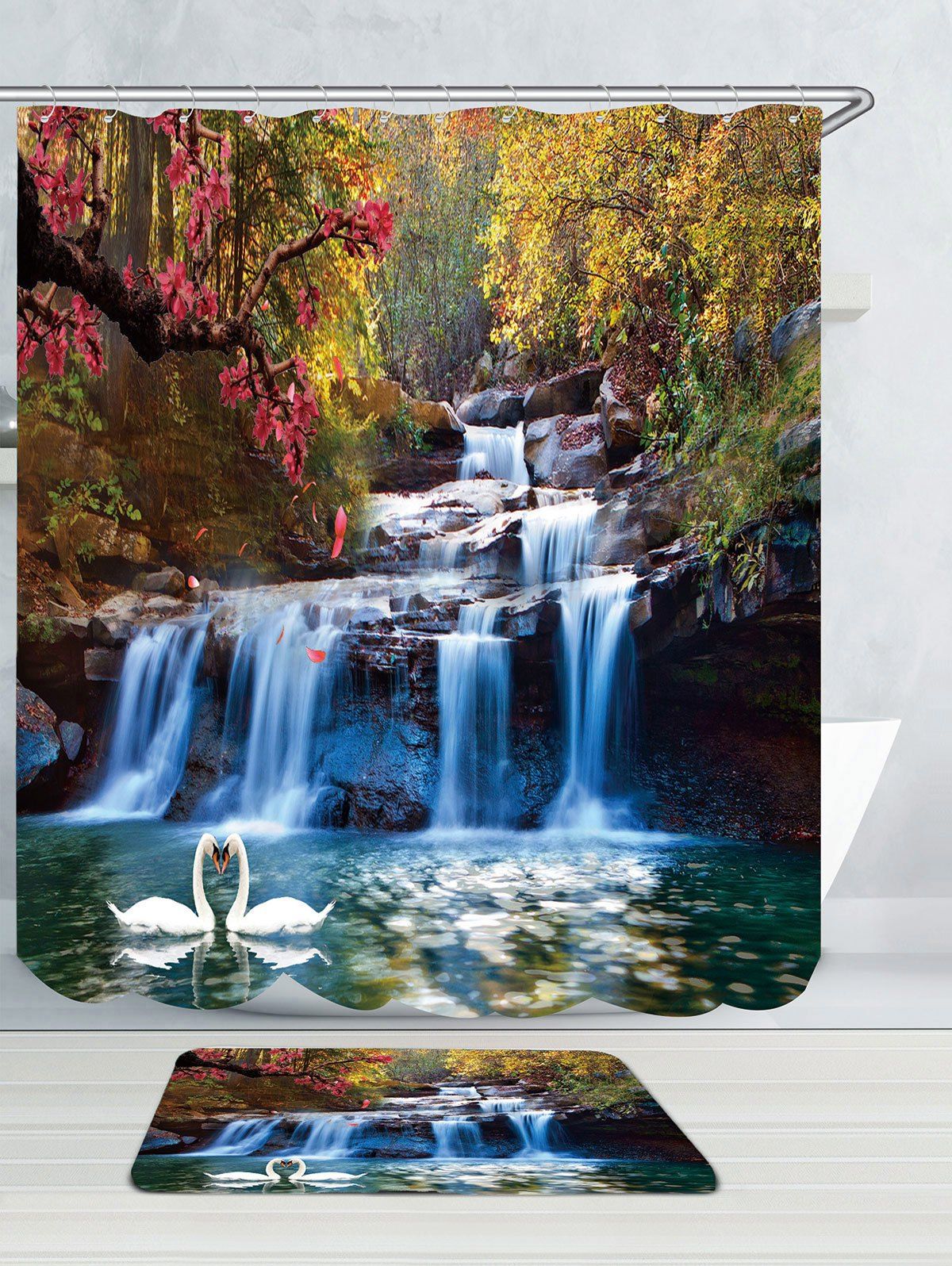 

Swans Flowers Cascade Waterproof Shower Curtain and Rug, Multi