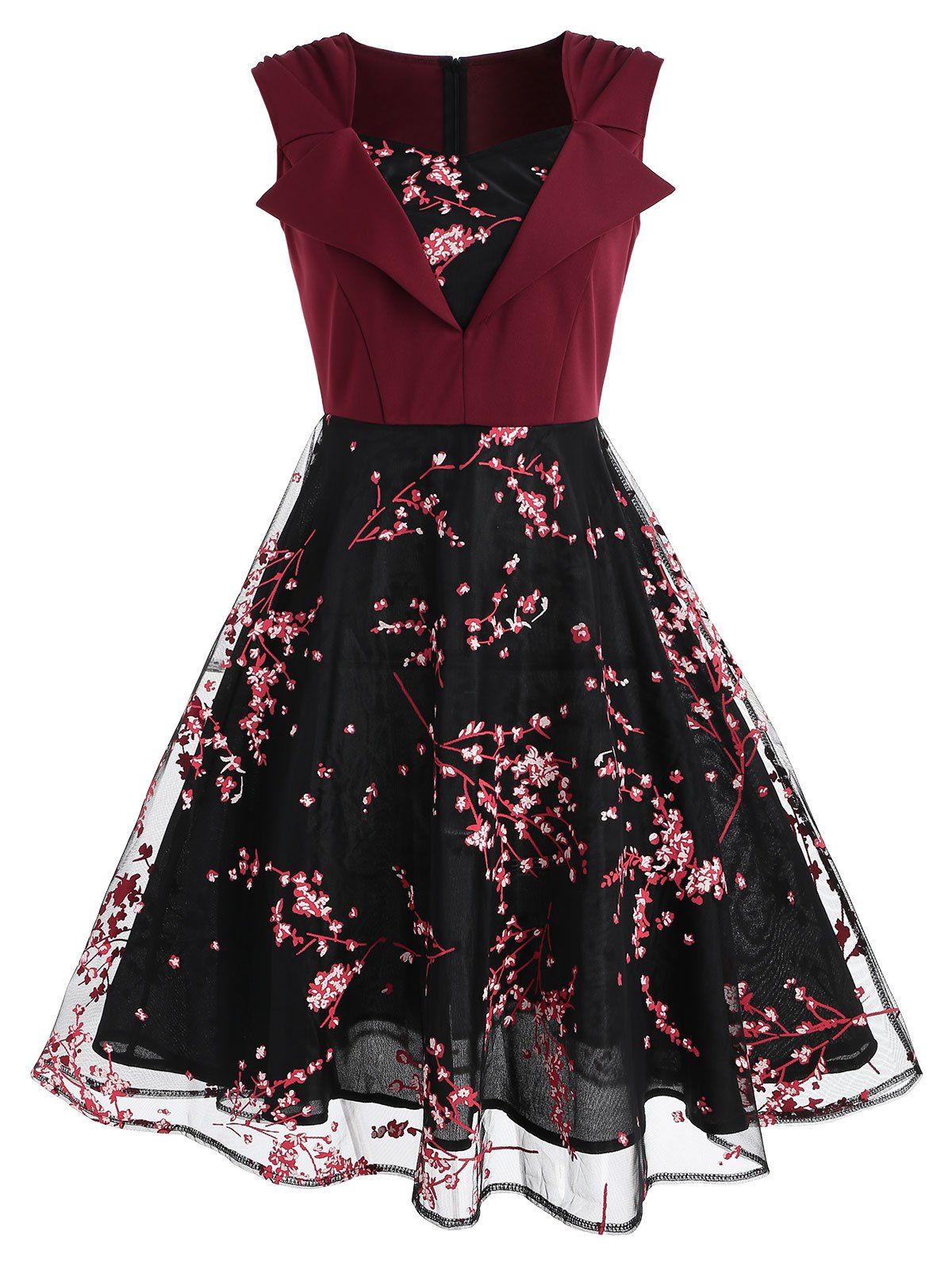 

Bouquet Pattern Sleeveless Vintage Dress, Red wine