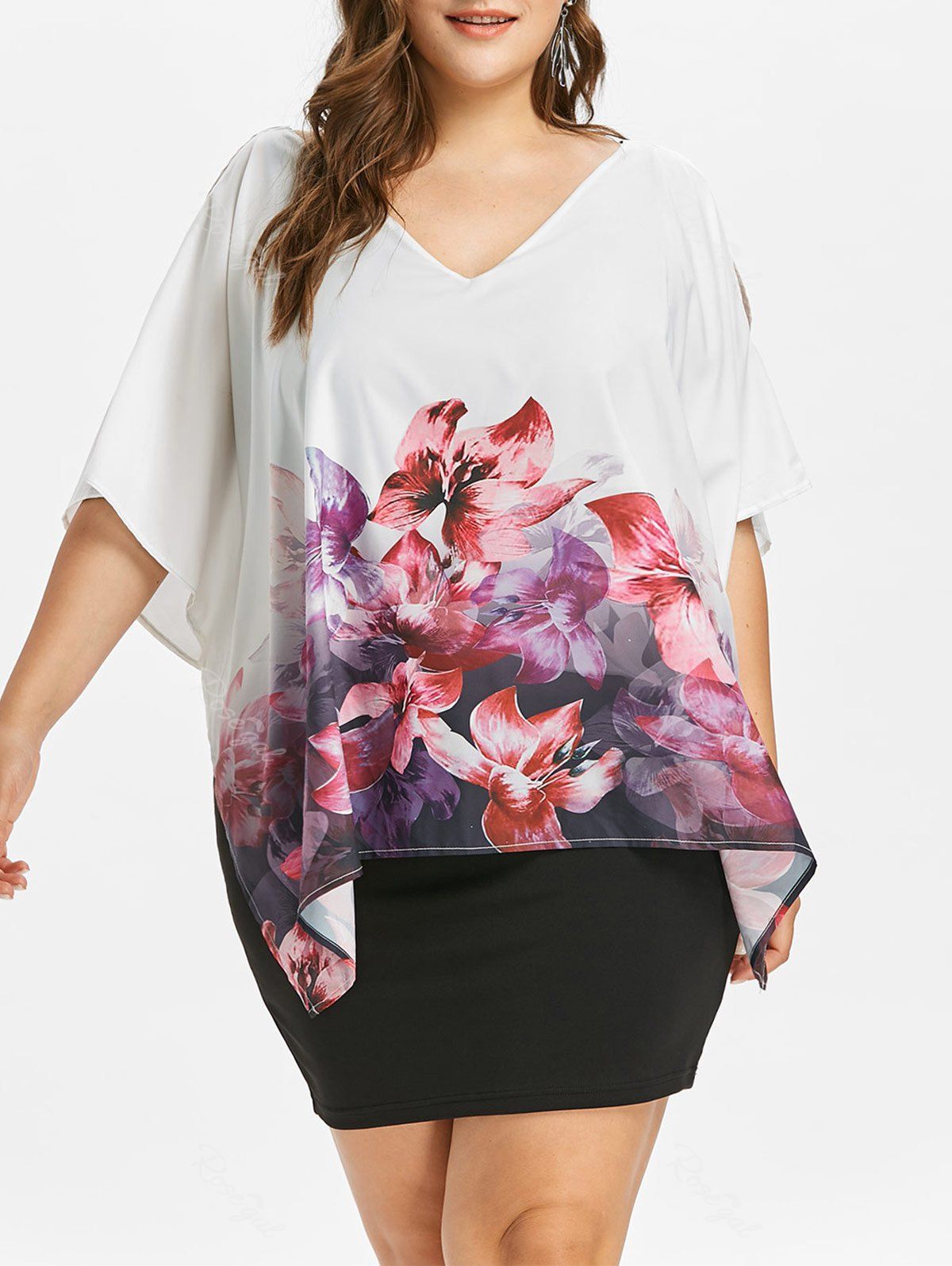 

Plus Size Floral Slit Sleeve Overlay Dress, Black