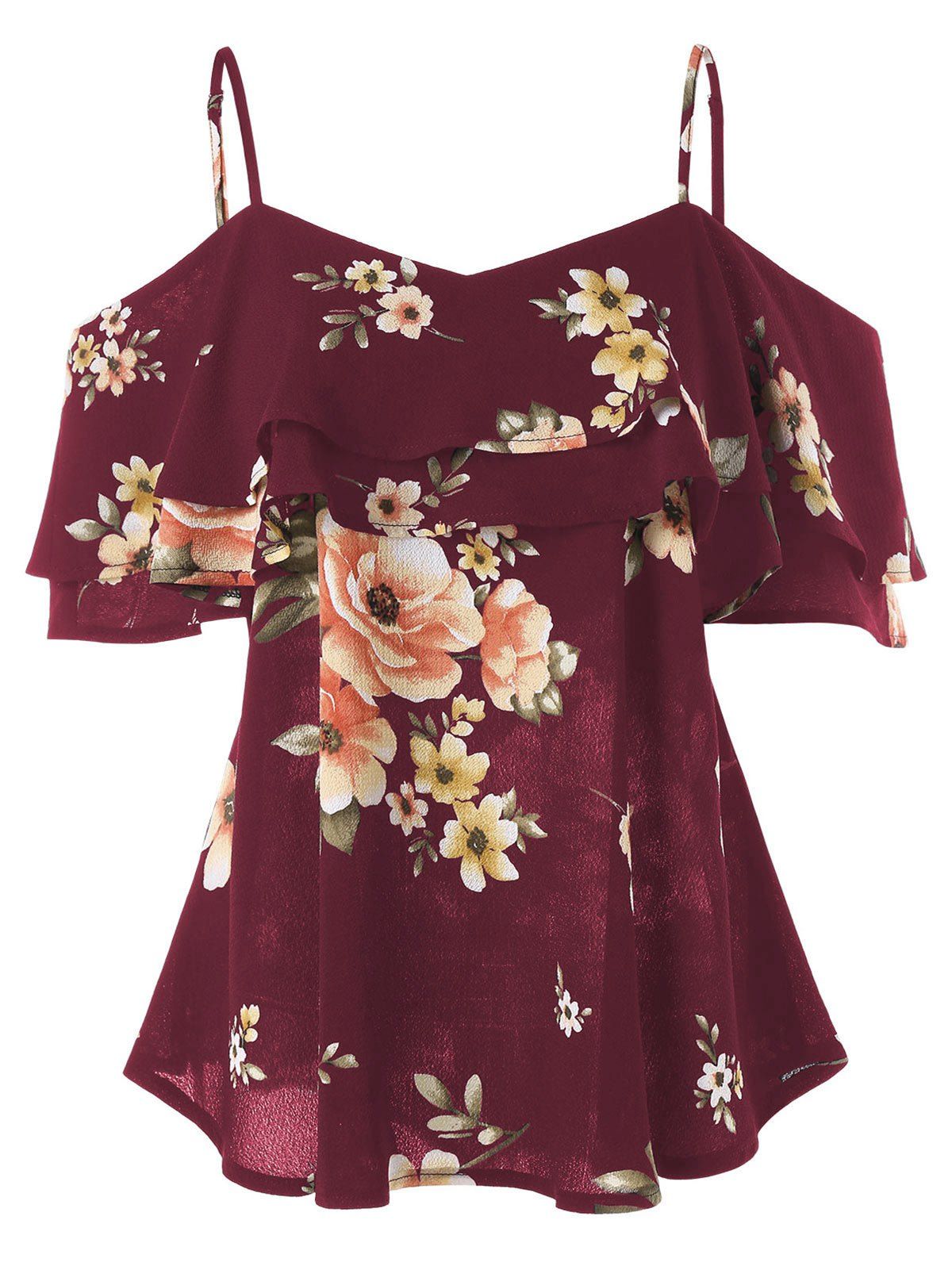 

Spaghetti Strap Cold Shoulder Floral Blouse, Red wine