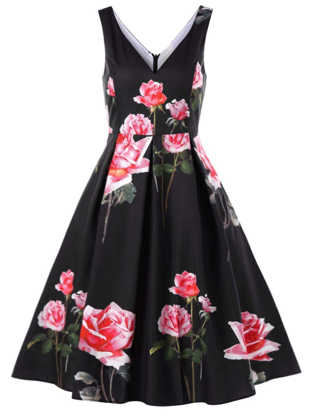 

Floral Deep V-neck Vintage Swing Dress, Black