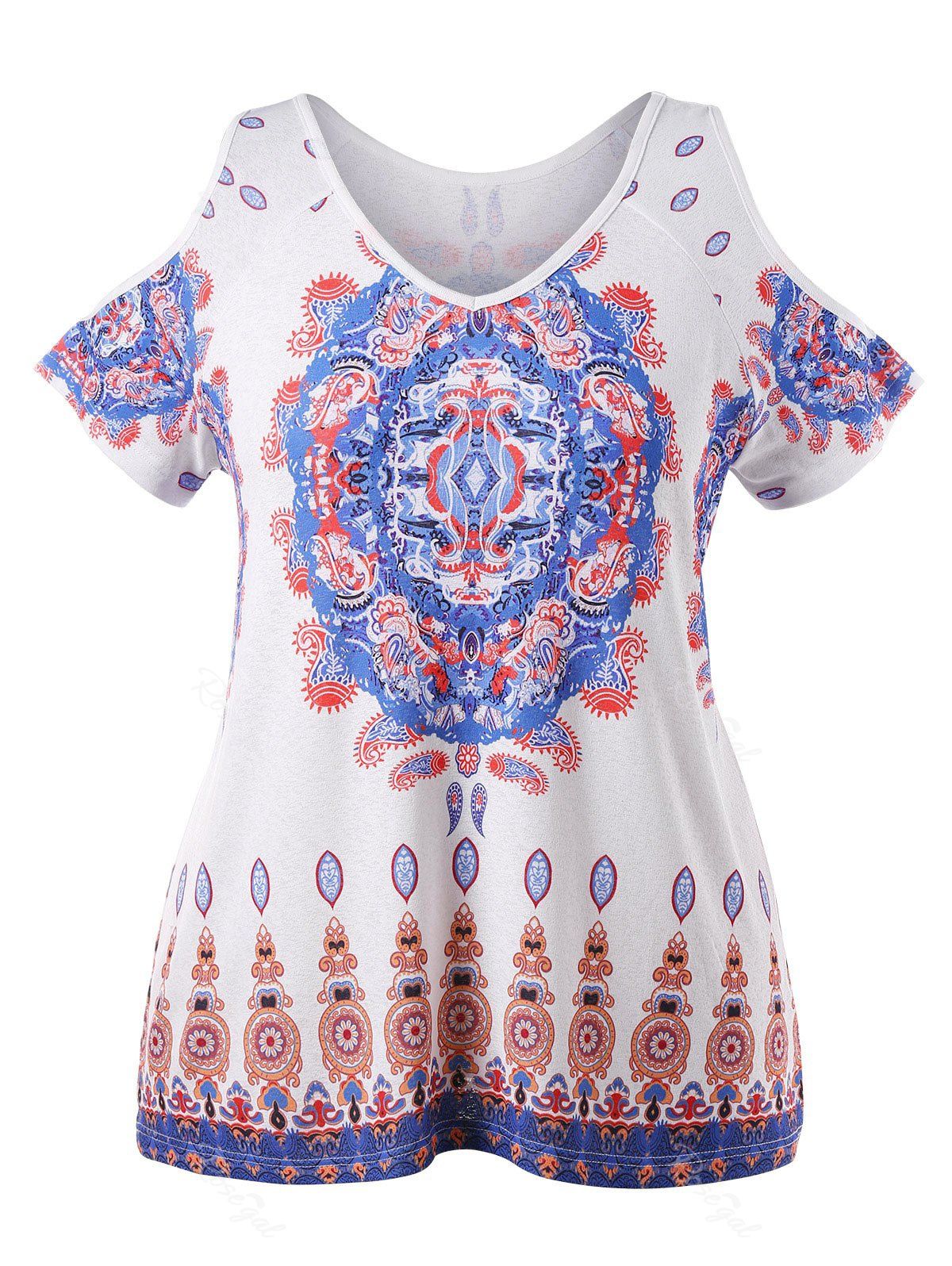 

Plus Size Paisley Print Cold Shoulder T-shirt, White