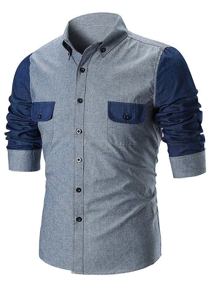 

Contrast Color Sleeve Flap Pocket Design Shirt, Blue