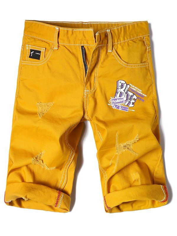 

Destroyed Zipper Fly Letter Print Shorts, Bee yellow