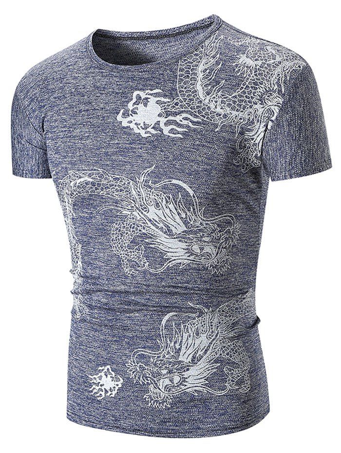 

Crew Neck Dragon Print Breathable T-shirt, Deep blue