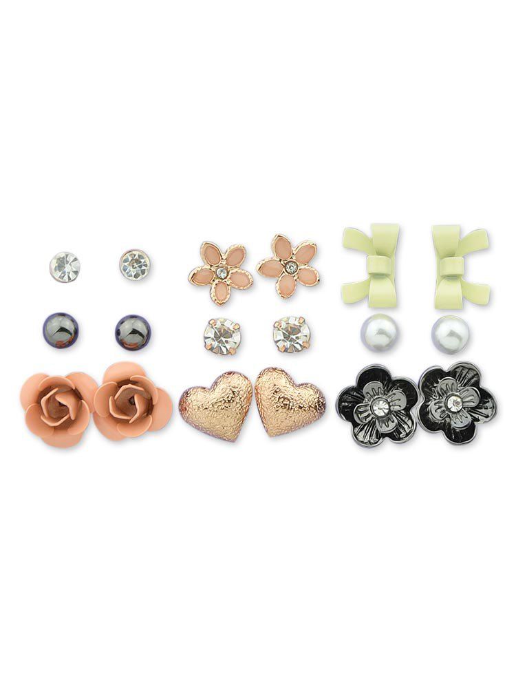 

Flower Heart Rhinestone Stud Earrings Set, Multi