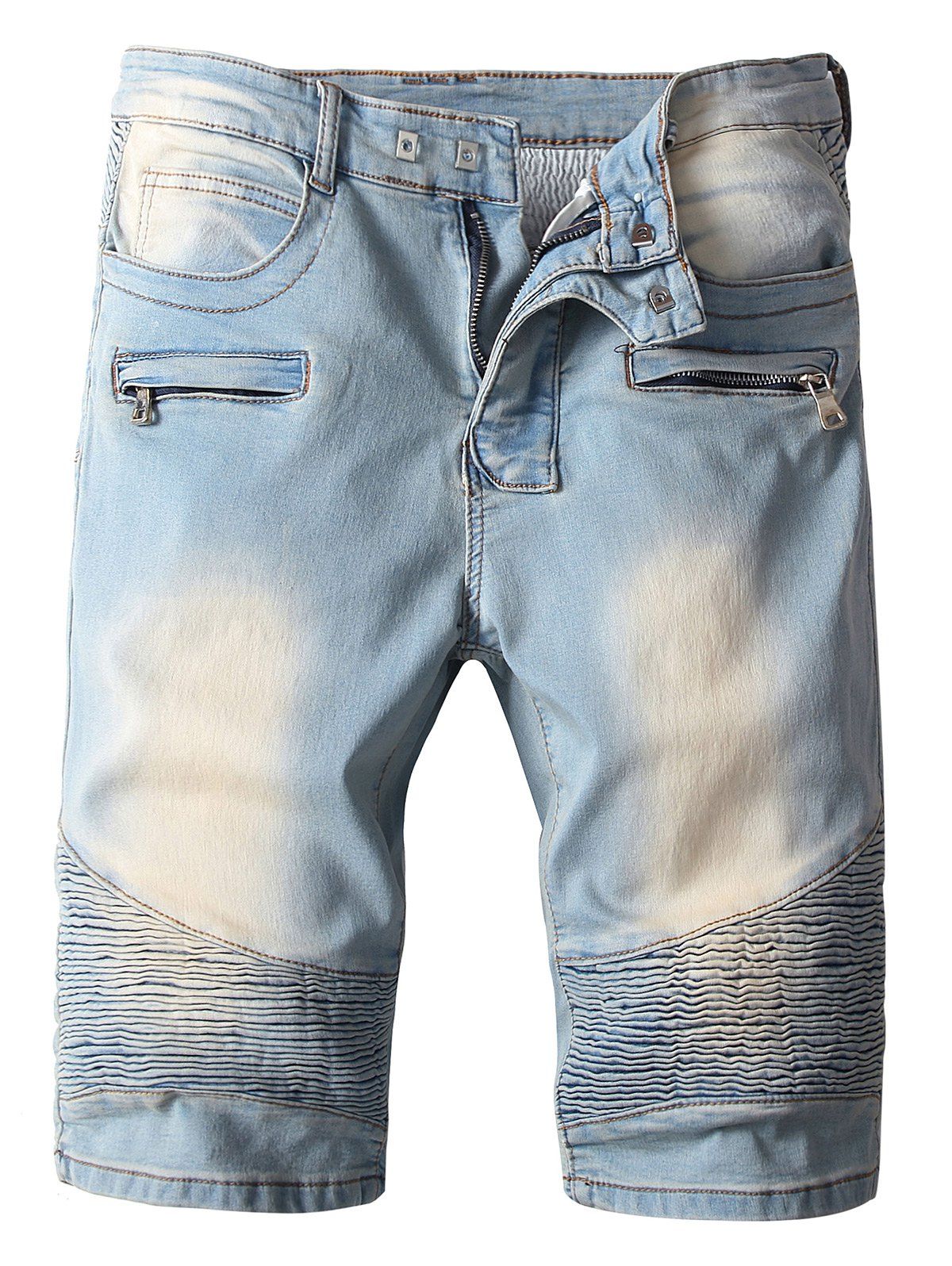 

Zipper Fly Pocket Design Light Wash Moto Shorts, Pale blue lily