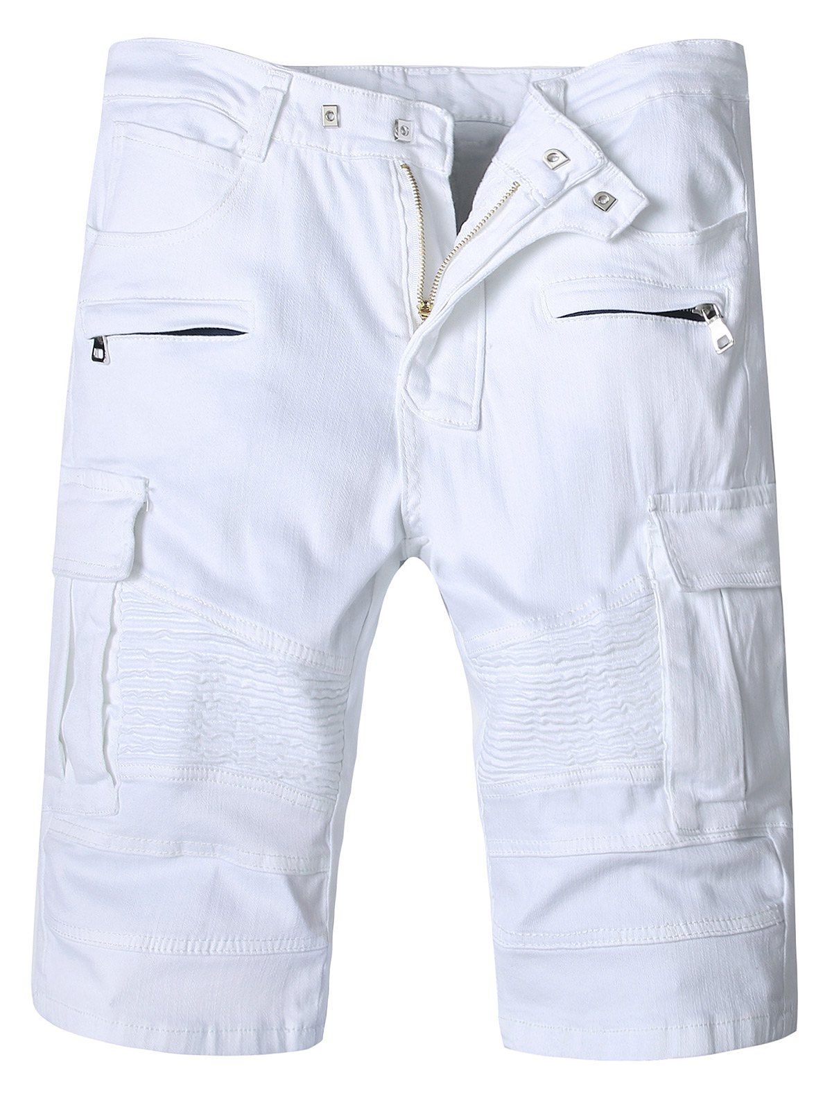 

Zipper Fly Flap Pockets Moto Shorts, White