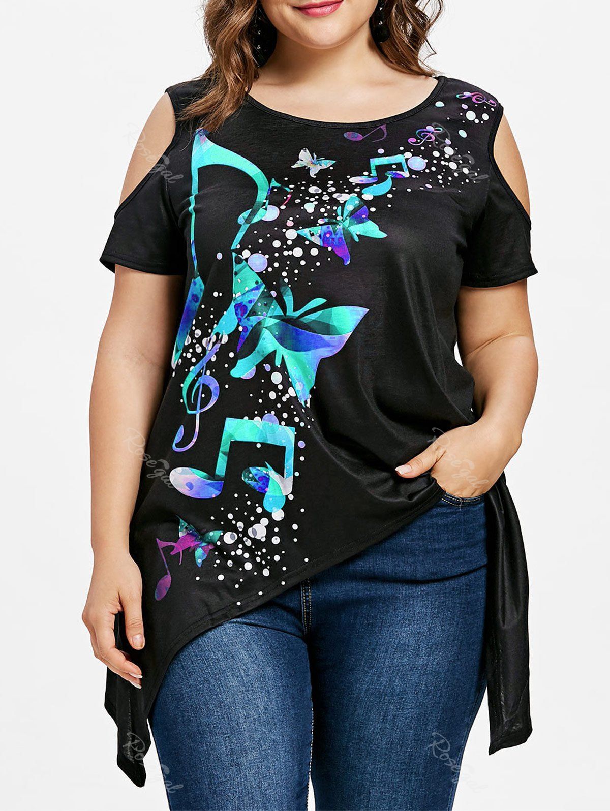 

Plus Size Open Shoulder Music Note T-shirt, Blue green